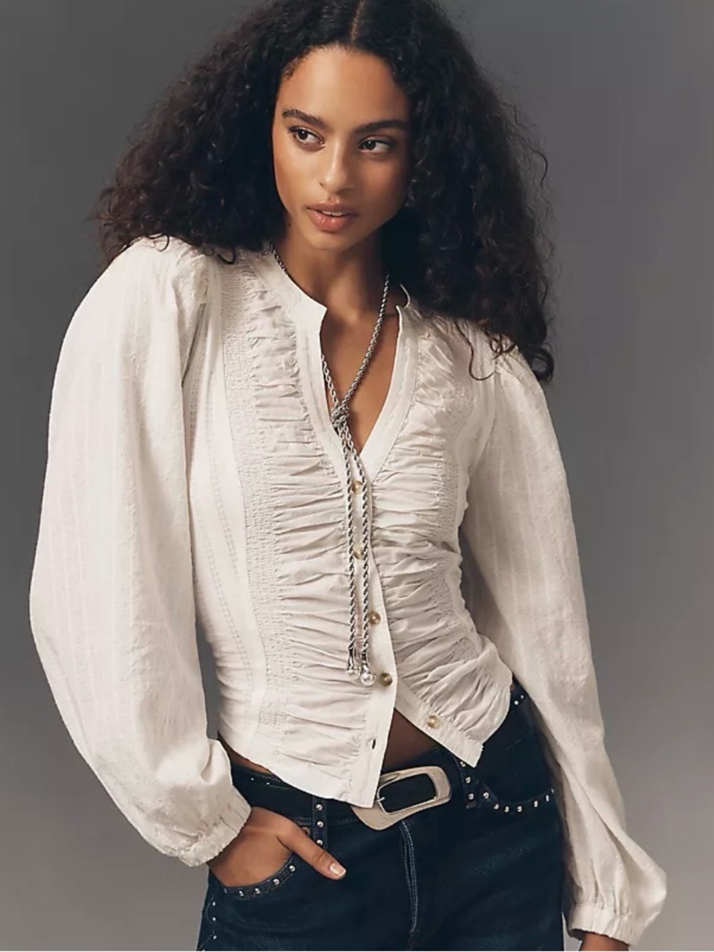Anthropology Pilcro Long-Sleeve Reworked Buttondown Top Cotton Ruffle Puff